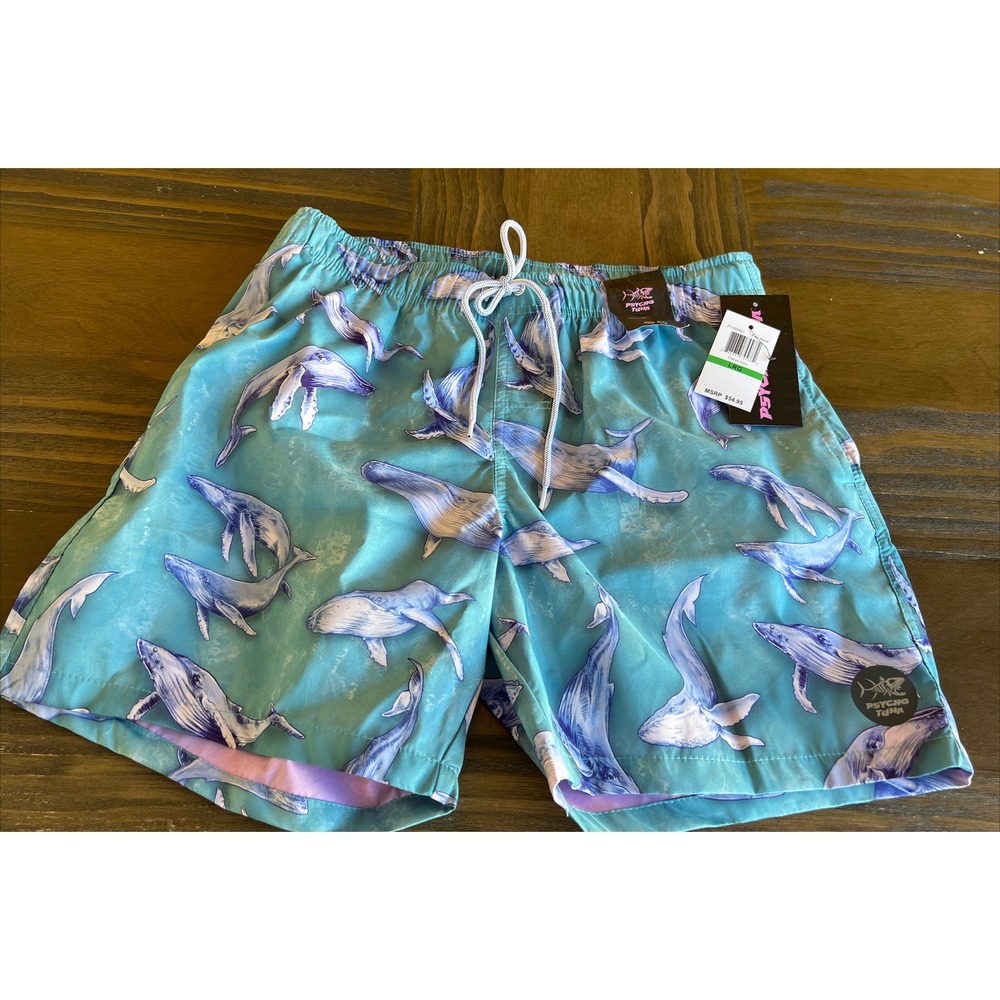 Psycho Tuna Whales Aqua Swim Surf Trunks Summer Shorts  Size Large